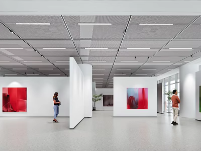 Art Exhibition Hall Interior With White Partitions Colorful Artworks On Walls And Visitors Viewing Exhibits 3d model