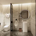 Modern Bathroom Interior With Marble Walls Round Mirror Black Metal Accents And White Fixtures