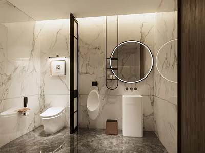 Modern Bathroom Interior With Marble Walls Round Mirror Black Metal Accents And White Fixtures 3d model