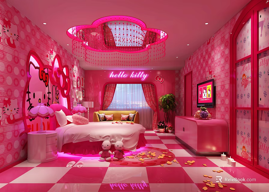 Pink Hello Kitty Themed Hotel Room With Chandelier Bed Petal Carpet And TV 3d model 
