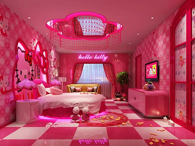 Pink Hello Kitty Themed Hotel Room With Chandelier Bed Petal Carpet And TV 3d model