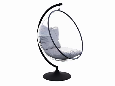 Modern Transparent Spherical Hanging Chair With Black Frame Gray Cushion And Base Stand 3d model