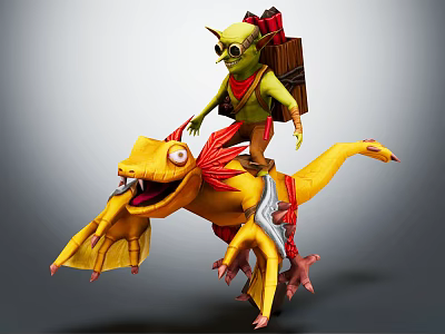 Green Goblin With Goggles And Backpack Riding Yellow Winged Dragon Creature With Red Accents 3d model