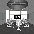 Modern Conference Room Interior With Circular Ceiling Lights Wall Whiteboards Large Screen And White Chairs