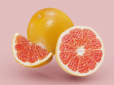 Fresh Ripe Grapefruit With Whole Fruit And Sliced Juicy Flesh On Pink Background 3d model