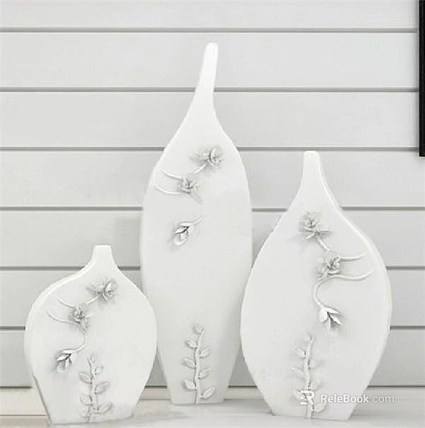 White Leaf Shaped Ornament Decor Set With Floral Pattern On Striped Wall 3d model 