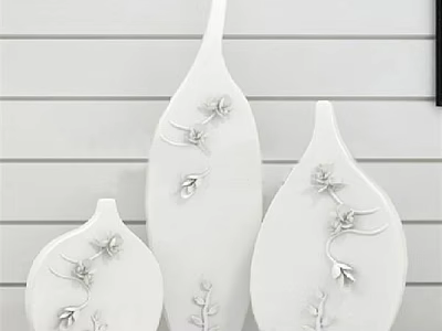 White Leaf Shaped Ornament Decor Set With Floral Pattern On Striped Wall 3d model