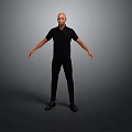 Man Standing In Gray Background Wearing Black Short Sleeved Shirt And Pants With Arms Outstretched