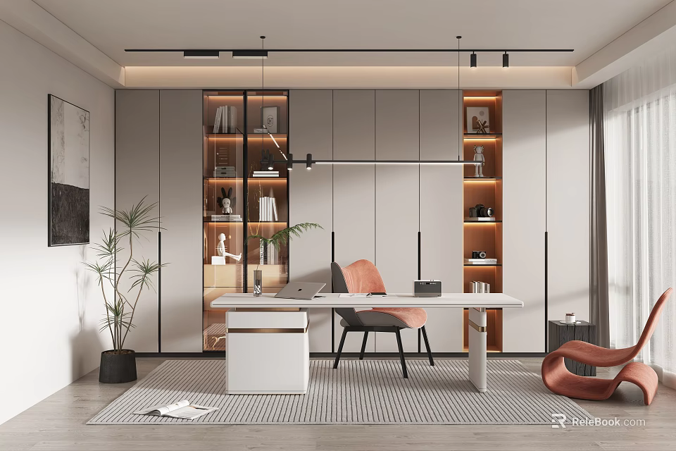 Modern Home Office Interior Design With White Desk Orange Chair Bookshelves And Plant 3d model 