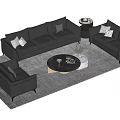 Modern Black Leather Sofa And Coffee Table Set With Potted Plant Magazines And Gray Rug