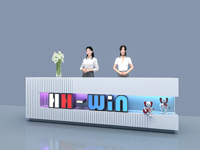 Modern Exhibition Reception Desk With HH-Win Signage Two Staff White Flower Vase And Small Dolls 3d model