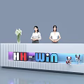 Modern Exhibition Reception Desk With HH-Win Signage Two Staff White Flower Vase And Small Dolls