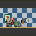 Household Items On Wooden Countertop With Stacked Bowls Green Container Red Mat And Checkered Wall