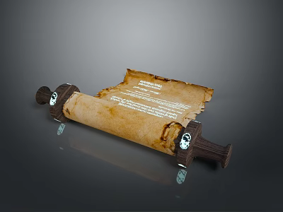 Ancient Scroll With Animal Skull Decorated Wooden Axles And Parchment Text 3d model