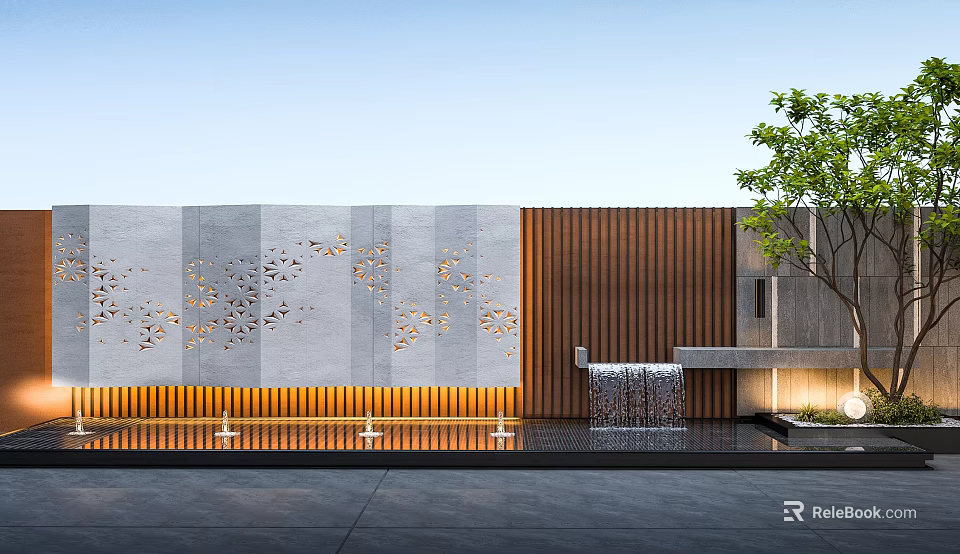 Modern Building Exterior Wall With Gray Panels Wooden Texture Perforated Patterns Water Feature And Greenery 3d model 
