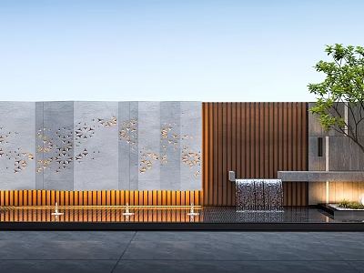 Modern Building Exterior Wall With Gray Panels Wooden Texture Perforated Patterns Water Feature And Greenery 3d model