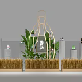 Decorative Scene With Bottle Shaped Frame Green Plants Straw Piles Columns Bottles And Snow Sign