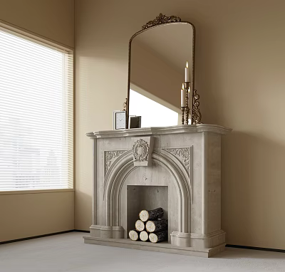 Ornate Stone Fireplace with Carved Details Decorative Mirror Candlesticks and Firewood Logs Near Window 3d model