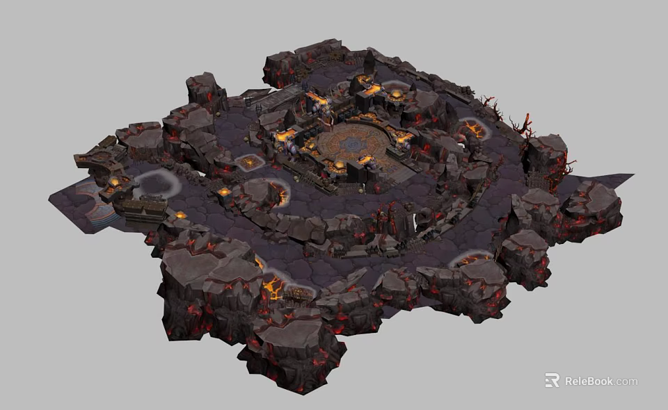 Mythical Circular Battle Arena With Rock Formations Lava Flaming Torches And Central Platform 3d model 