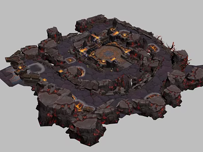 Mythical Circular Battle Arena With Rock Formations Lava Flaming Torches And Central Platform 3d model