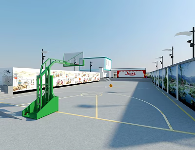 Outdoor Basketball Court With Green Hoop Yellow Ball Lines Mural Walls And Streetlights 3d model