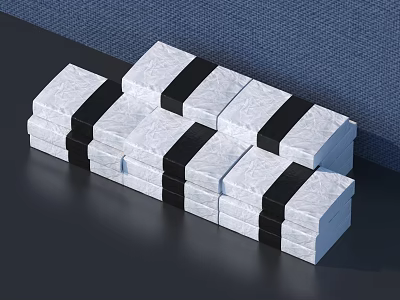 Industrial Equipment Components With White Blocks Black Stripes Stacked Against Blue Wall And Black Table 3d model