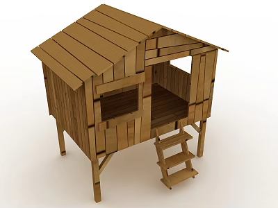 Wooden Cabin Structure With Staircase Open Window And Sloped Roof Design 3d model