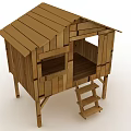 Wooden Cabin Structure With Staircase Open Window And Sloped Roof Design