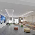Bright Modern Office Leisure Area With Soft Ottomans Tiered Seats And Large Display Screen