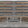 Modern High Rise Building Main Entrance with Illuminated Facade Glass Doors and Landscaped Water Feature