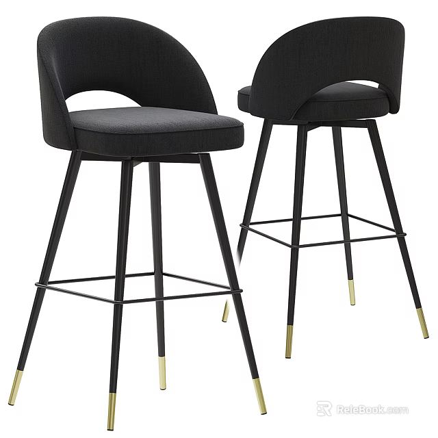 Modern Black Bar Stools With Curved Back Upholstered Seat And Gold Tipped Metal Legs 3d model 