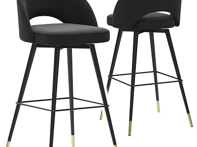 Modern Black Bar Stools With Curved Back Upholstered Seat And Gold Tipped Metal Legs 3d model