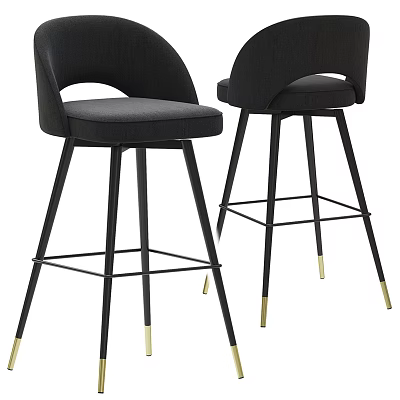 Modern Black Bar Stools With Curved Back Upholstered Seat And Gold Tipped Metal Legs 3d model
