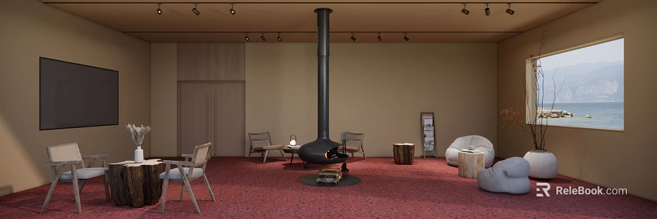 Hotel Public Lounge With Red Carpet Black Fireplace Comfortable Chairs Coffee Table And Recessed Lights 3d model 
