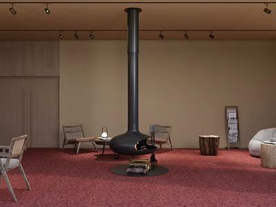 Hotel Public Lounge With Red Carpet Black Fireplace Comfortable Chairs Coffee Table And Recessed Lights 3d model