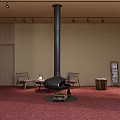 Hotel Public Lounge With Red Carpet Black Fireplace Comfortable Chairs Coffee Table And Recessed Lights