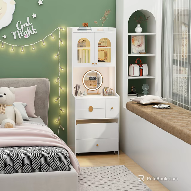 White Vanity in Bedroom with Green Wall String Lights Mirror and Cosmetics 3d model