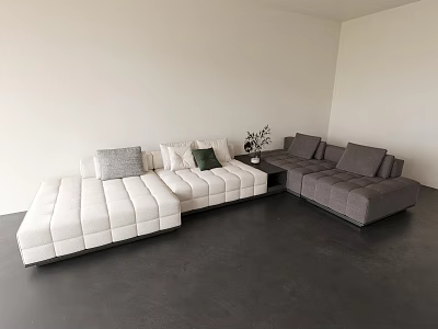 Modern Minimalist Sectional Sofa White and Gray with Pillows in Dark Floor Living Interior 3d model