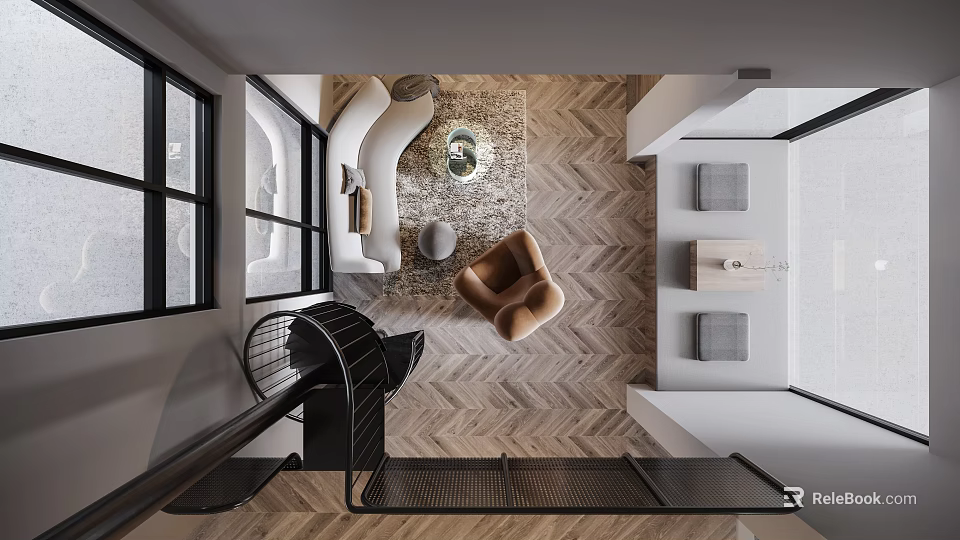 Modern Living Room Interior With Herringbone Floor Sofa Coffee Table And Accent Chair 3d model 