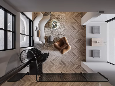 Modern Living Room Interior With Herringbone Floor Sofa Coffee Table And Accent Chair 3d model