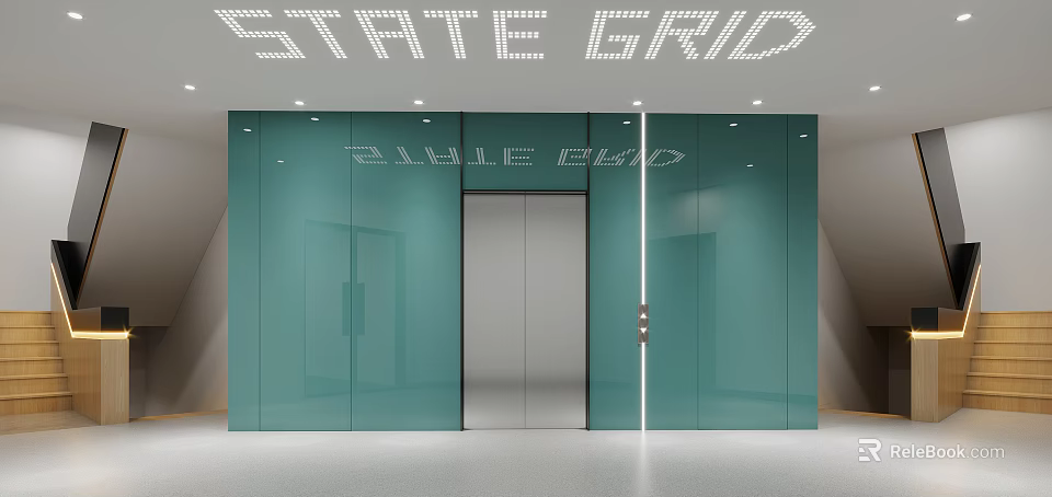 Modern State Grid Office Lobby With Blue Glass Doors And Elevator 3d model