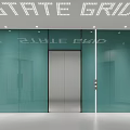 Modern State Grid Office Lobby With Blue Glass Doors And Elevator 3d model