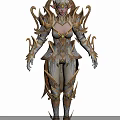 Woman in Ornate Gold and Silver Armor With Elven Ears and Intricate Decorative Patterns
