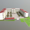 Spacious Campus Square With Multi Story School Building Entrance Trees Red Roof And Green Lawns
