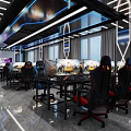 Modern Gaming Internet Cafe Interior With Multiple Computers Ergonomic Chairs And Stylish Lighting 3d model