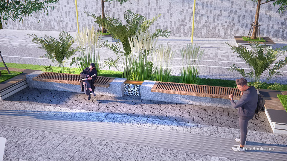 Stylish Outdoor Chair With Wooden Slats And Surrounding Green Plants 3d model 