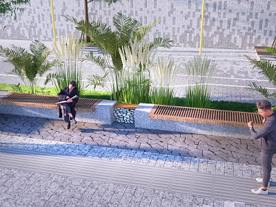 Stylish Outdoor Chair With Wooden Slats And Surrounding Green Plants 3d model