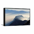 Scenic Mountain Landscape Painting With Misty Peaks And Flying Birds In Morning Light