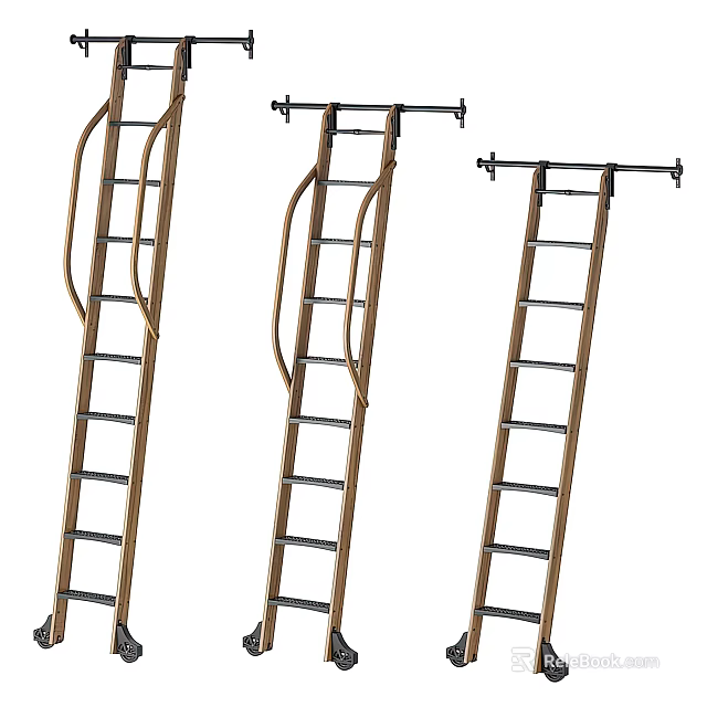 Different Types Of Household Ladders With Wooden Handrails And Metal Steps 3d model 