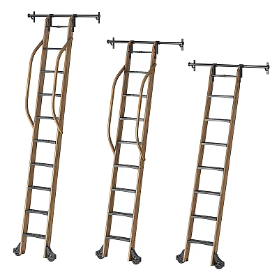 Different Types Of Household Ladders With Wooden Handrails And Metal Steps 3d model